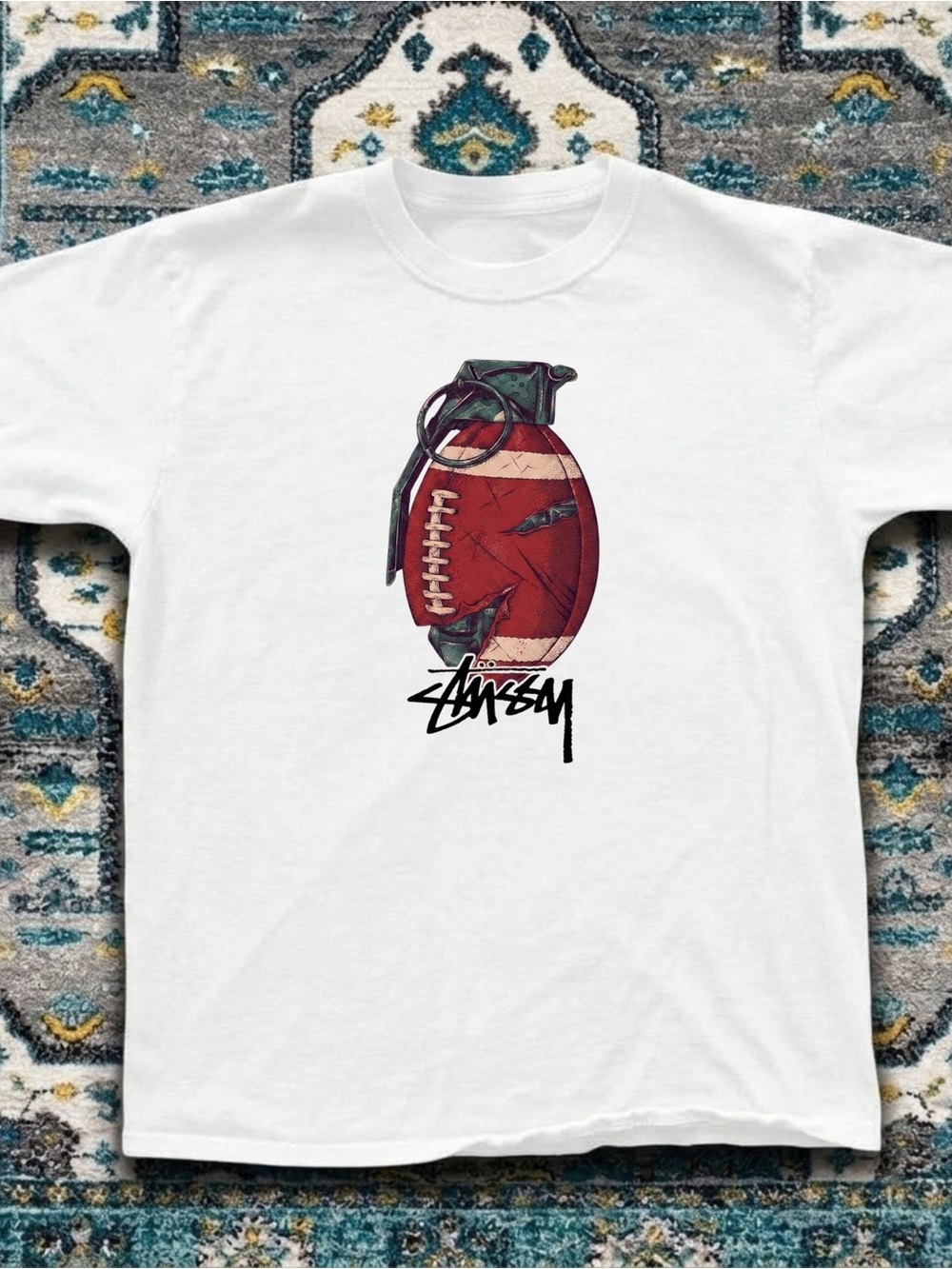 Gildan Stussy White Tee with Red Football Grenade Graphic